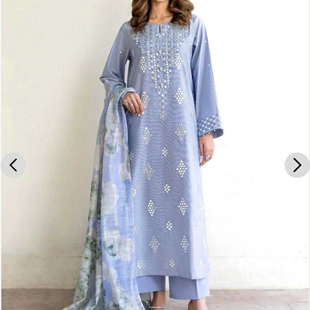 Elegant Blue Embroidered Dress with Scarf